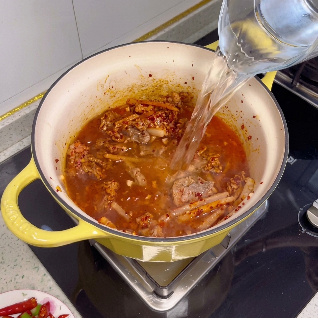 Eau versée dans la marmite contenant le bœuf sauté.