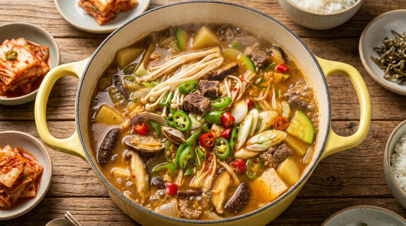 Une marmite jaune rustique et bouillonnante de ragoût de bœuf à la pâte de soja, garnie de champignons enoki frais et de rondelles de piment.