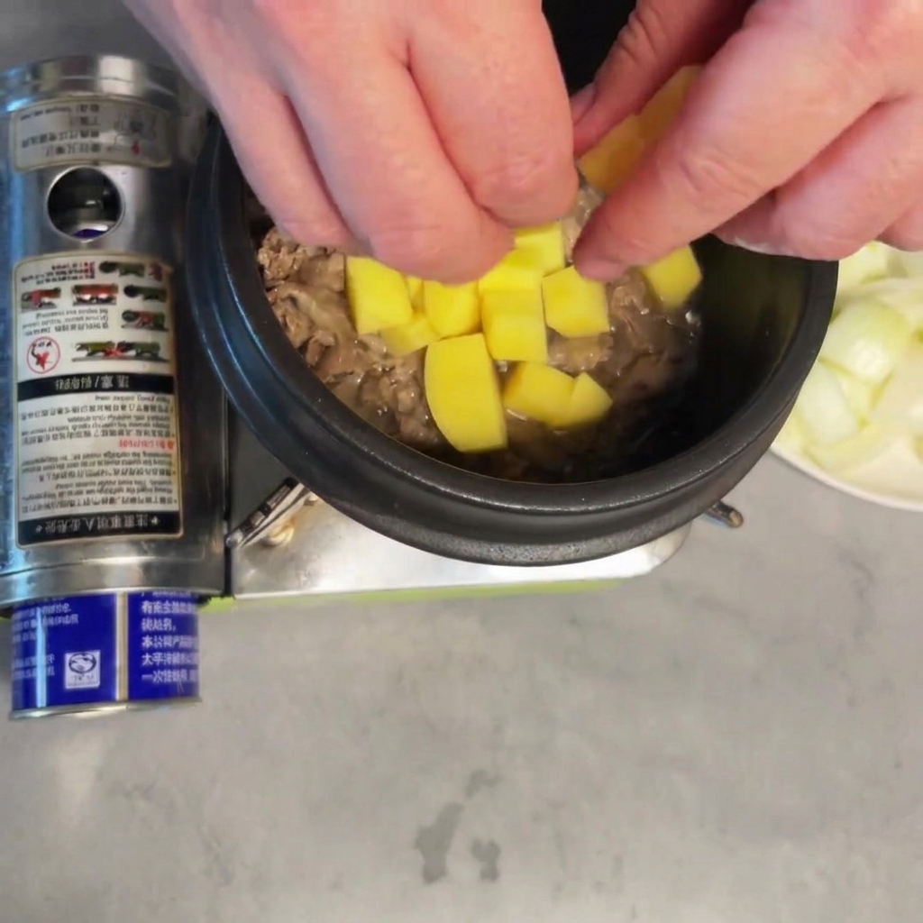 Pommes de terre ajoutées dans la marmite avec le bœuf saisi.
