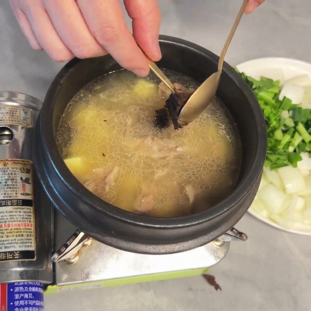 Une cuillère de pâte de soja vieillie épaisse incorporée dans le bouillon bouillonnant.