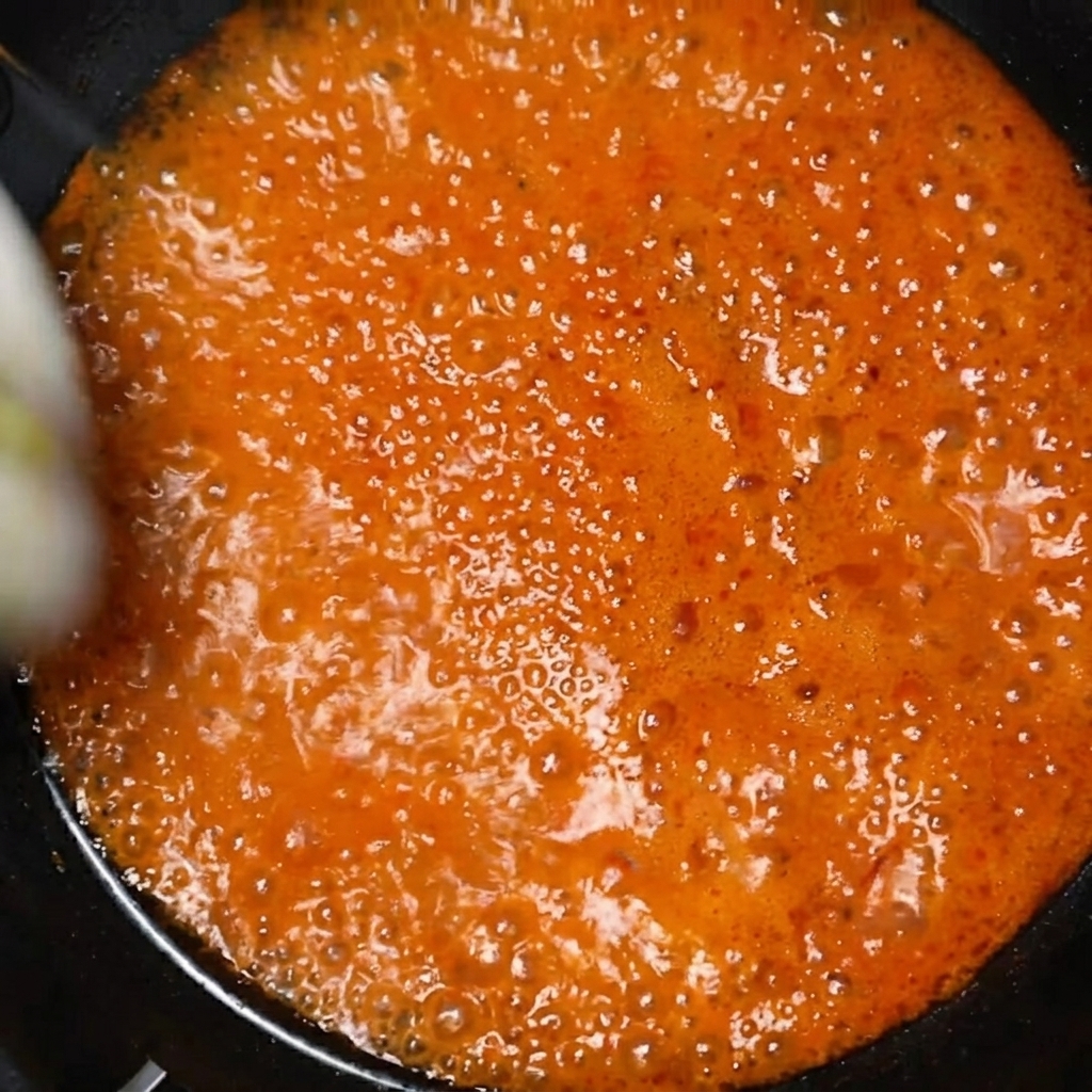 Tranches de courgettes plongées dans un ragoût rouge bouillonnant.