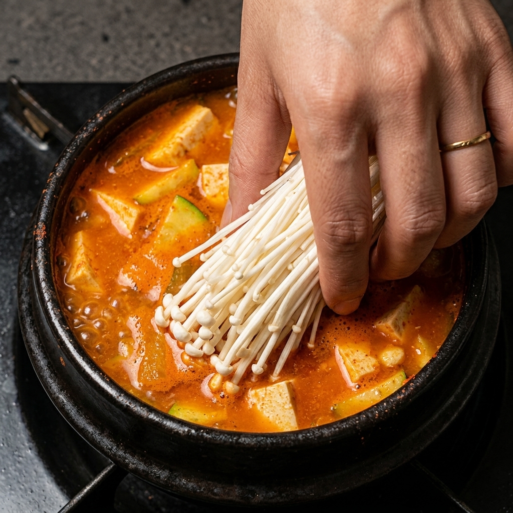 Champignons enoki frais disposés à la surface du ragoût de pâte de soja frémissant.