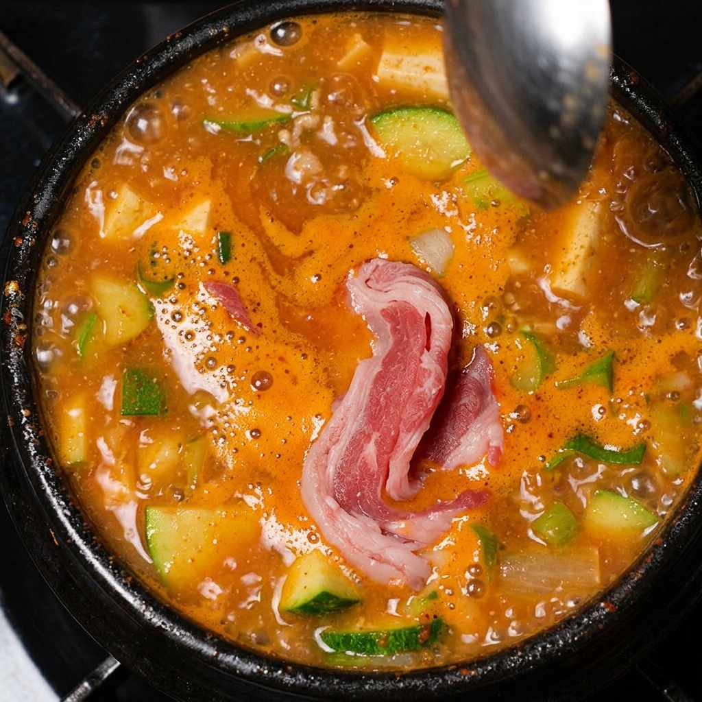 Fines tranches de poitrine de bœuf crue plongées dans le pot de ragoût bouillonnant.