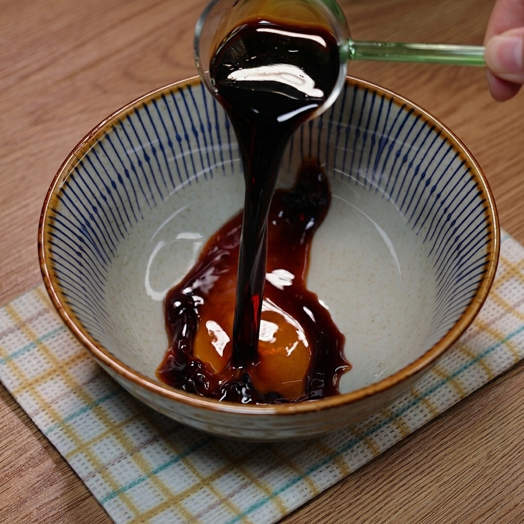 Un petit bol contenant de la sauce soja, de la sauce huître, de la poudre de piment, des graines de sésame et du sucre en train dêtre mélangés.