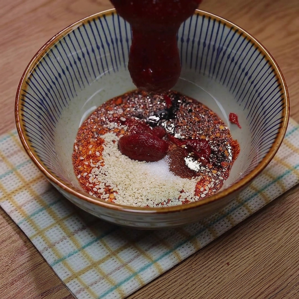 Pâte de piment coréenne et eau incorporées au mélange de sauce préparé précédemment dans un bol.