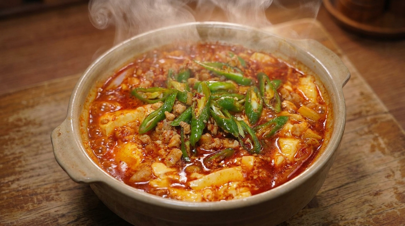 Une potée rustique remplie de ragoût de tofu soyeux épicé, garnie de piments verts frais et de porc haché.