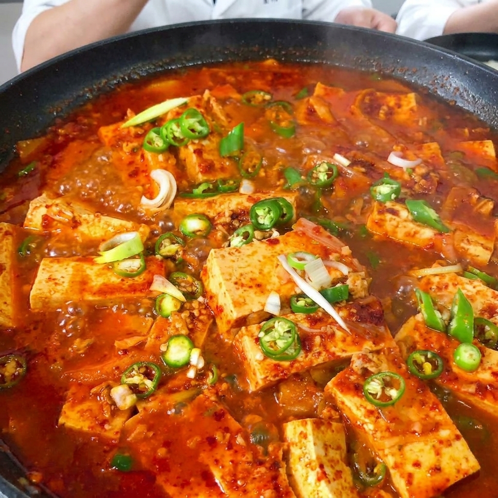Des oignons émincés et des cubes de tofu ferme ajoutés à la poêle contenant le porc doré.