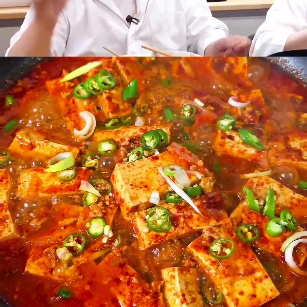 La sauce et leau versées sur le mélange de tofu, de porc et doignon dans la poêle.