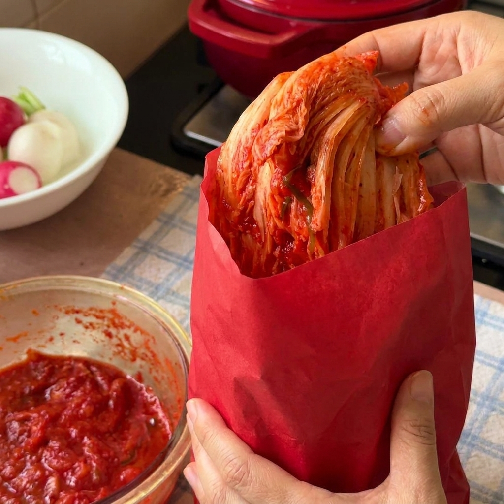 Du kimchi de chou napa frais est transféré dun sac en plastique vers un bol en verre à laide de pinces en métal.