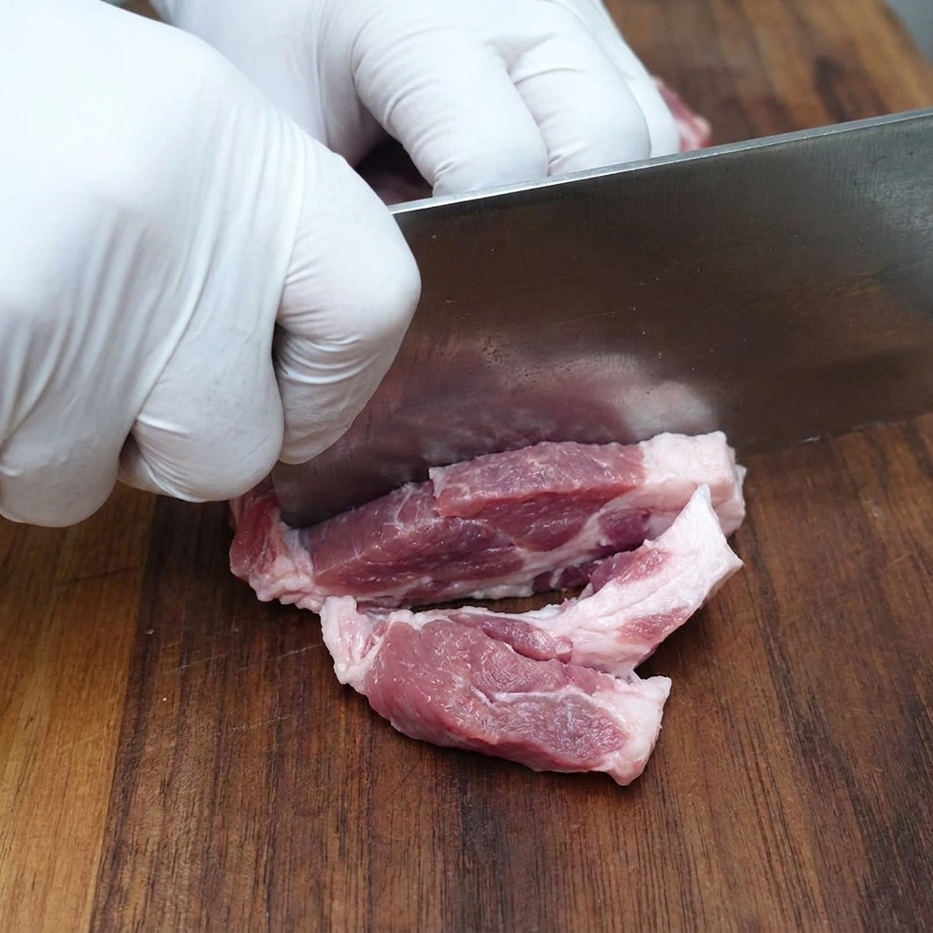 De la viande dépaule de porc coupée en petits dés sur une planche à découper en bois.