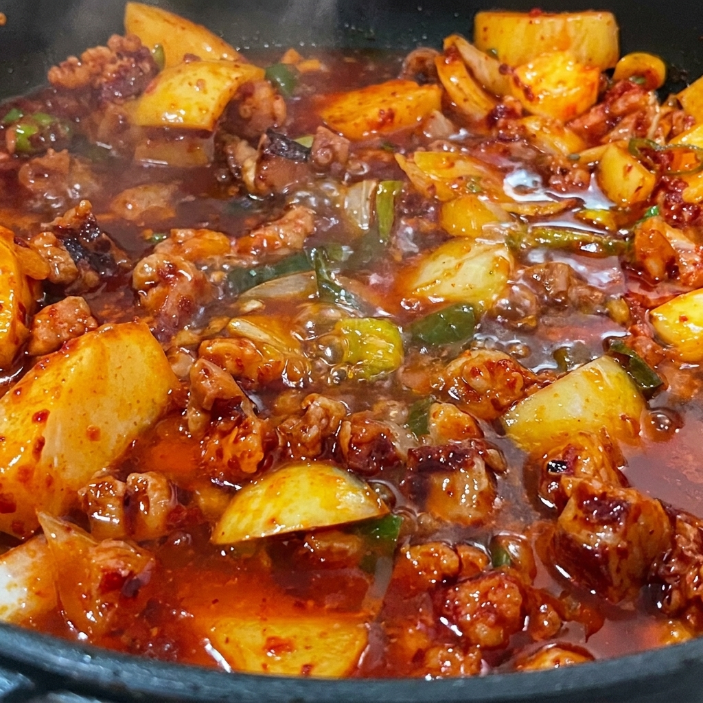 Le bouillon danchois versé dans la poêle sur le mélange de porc et de légumes.