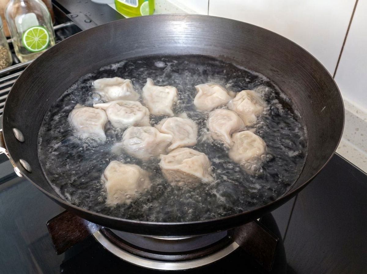 Lamelles de tofu ajoutées dans la casserole avec les raviolis et le bouillon.