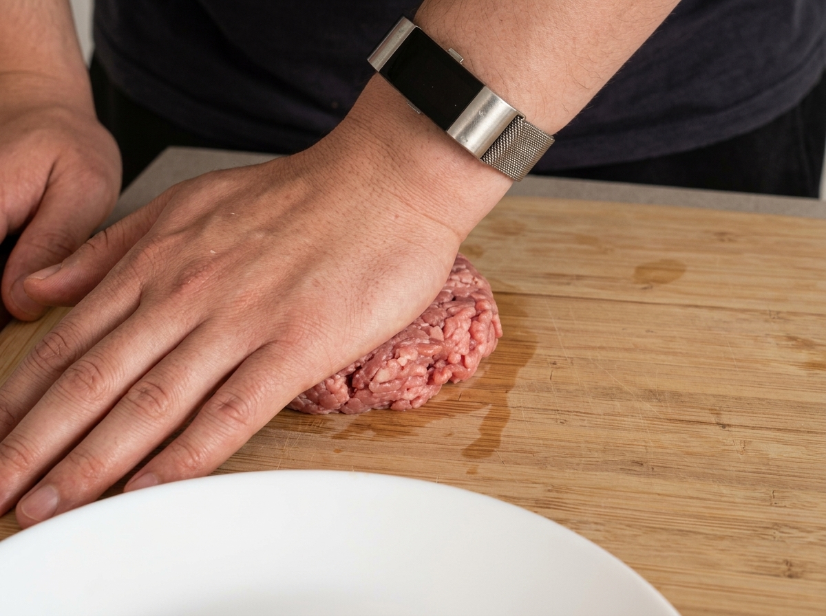Une main aplatissant une boule de viande sur une planche en bois.