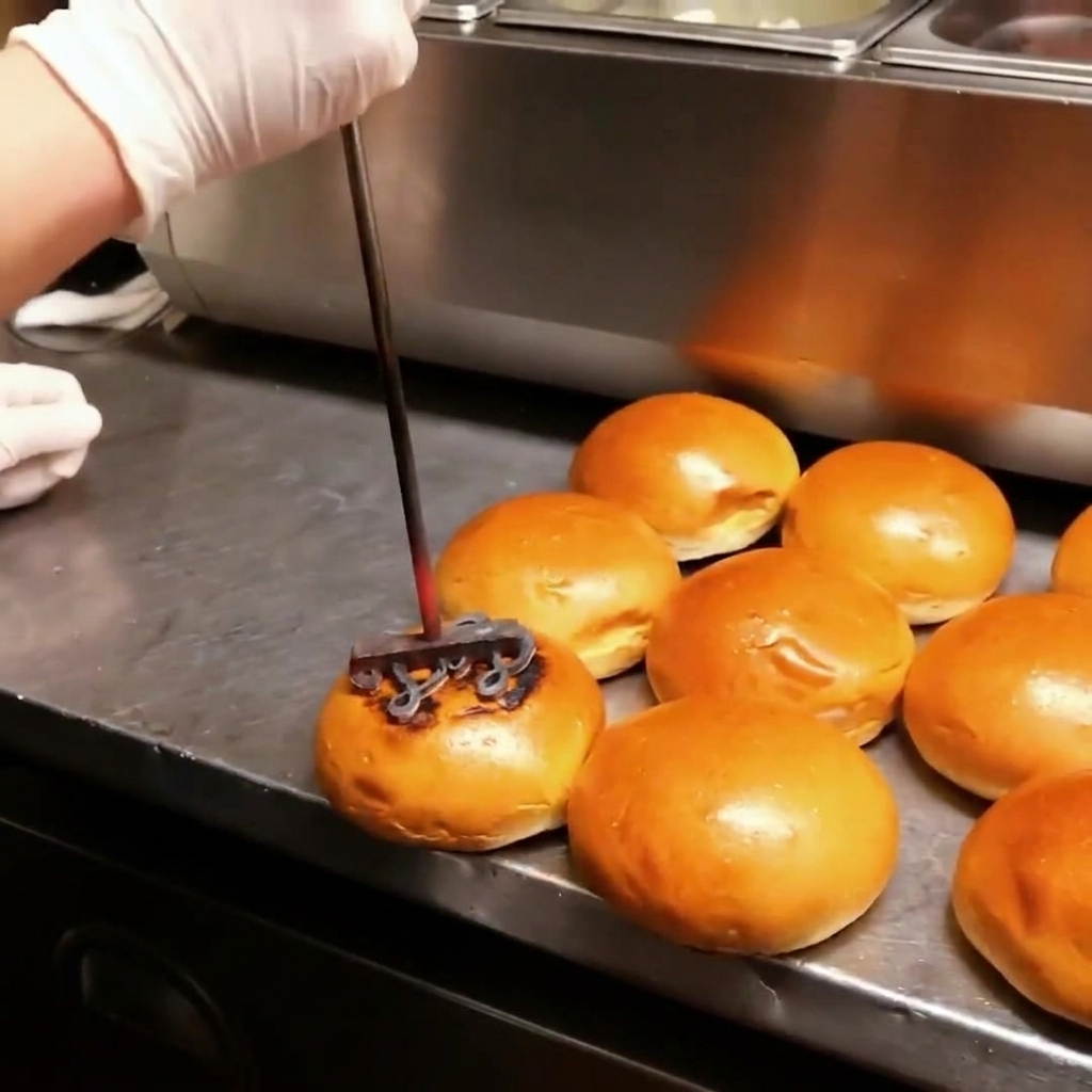 Gros plan dun fer à marquer chaud imprimant un logo sur des pains à burger frais.