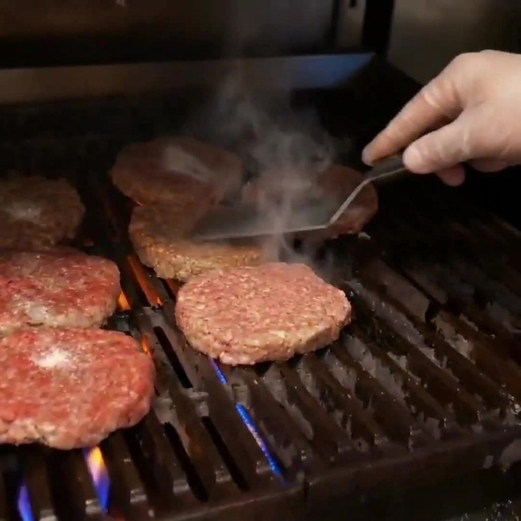 Steaks de bison épais saisissant sur une grille de barbecue chaude avec du sel ajouté.