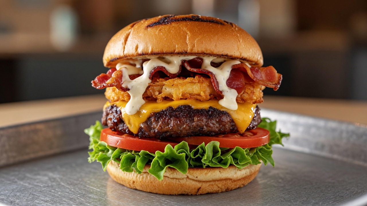 Burger de bison sauvage américain avec rösti et bacon