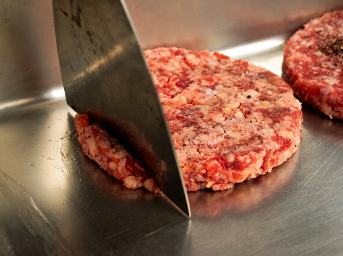 Un steak de bœuf cru en cours de mélange dans un récipient en métal avec une spatule plate.