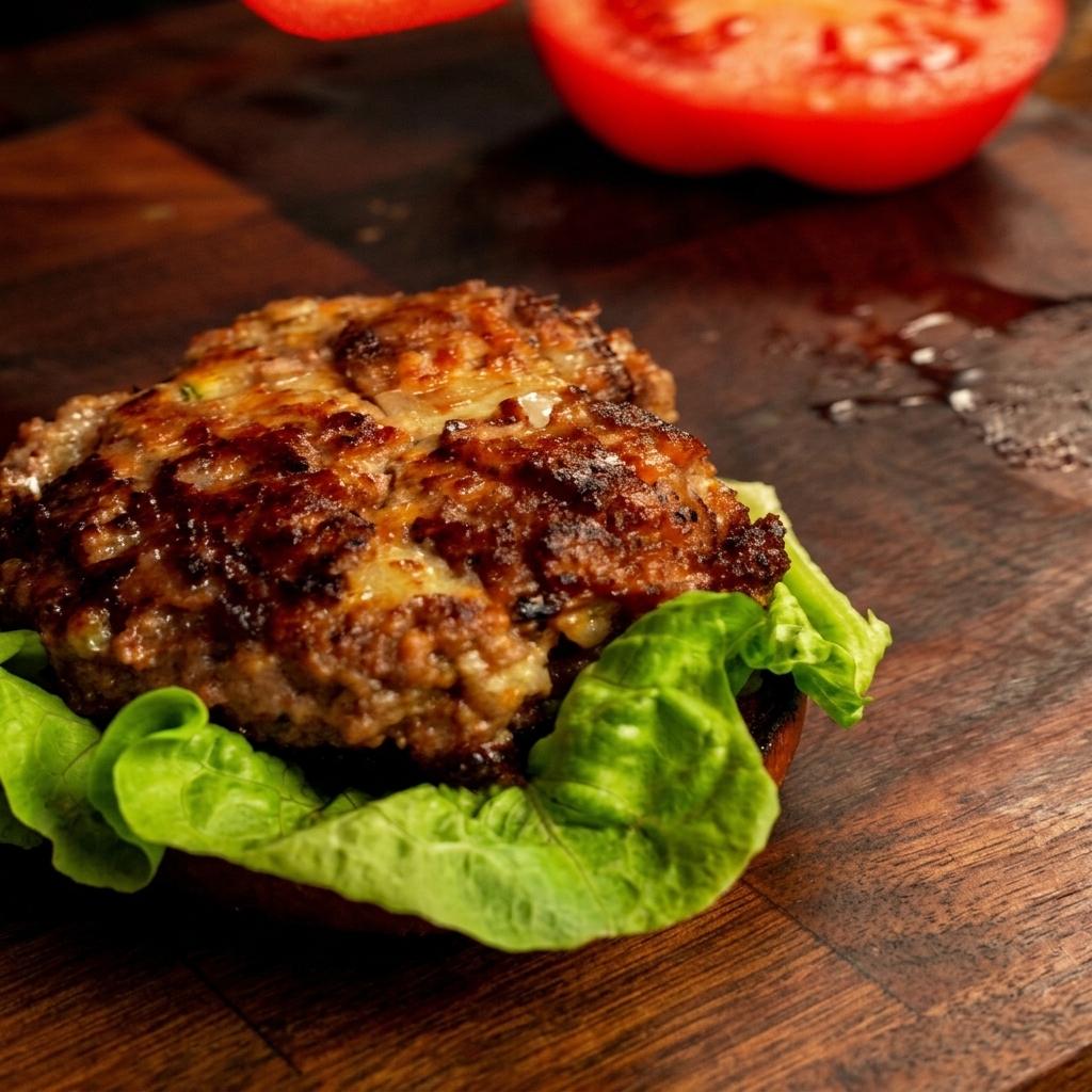 Une tranche de tomate fraîche déposée avec précaution sur un steak de bœuf cuit.