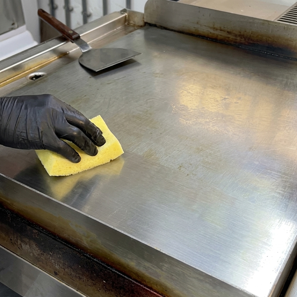 Morceaux de bacon cru ajoutés sur la surface chaude et beurrée de la plaque.