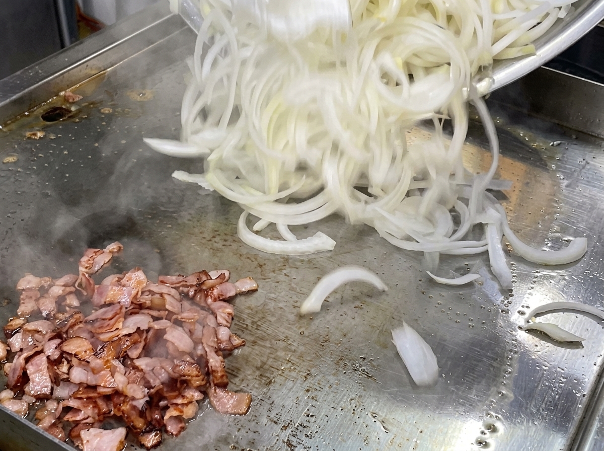 Un gros tas doignons blancs crus finement émincés versés sur une plaque à côté de morceaux de bacon cuits.