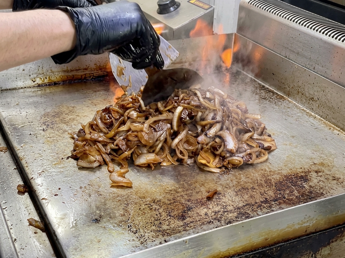 Un tas doignons cuits brun caramel foncé remués avec un racloir métallique sur une plaque chaude avec des flammes en arrière-plan.
