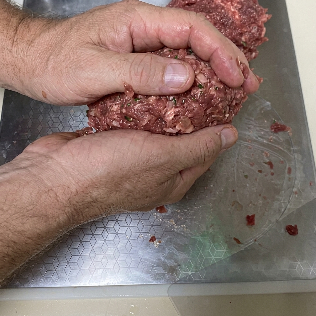 Mains façonnant un gros mélange de bœuf assaisonné en un steak de burger rond.