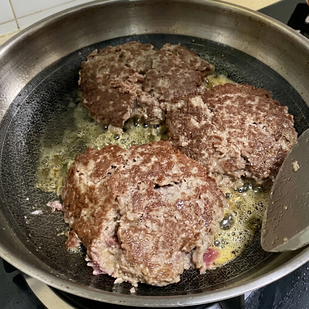 Trois steaks de bœuf brunissant dans une poêle avec des tranches de fromage fondu sur le dessus.