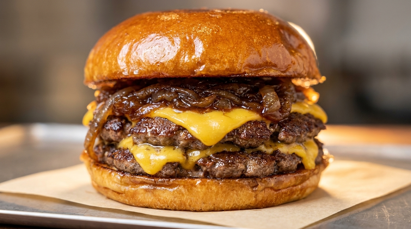 Un burger américain gourmand et généreux, composé de bœuf juteux, de cheddar fondant et doignons caramélisés sur un pain brioché toasté.