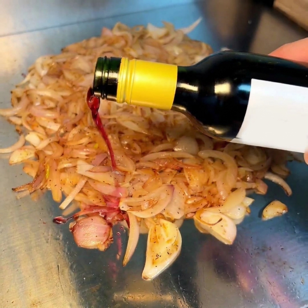 Du vin rouge est versé sur les oignons caramélisés sur une plaque chaude, créant une réduction riche et parfumée.
