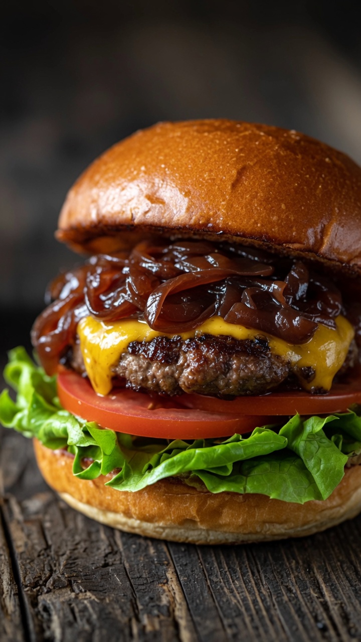 Cheeseburger aux Oignons Caramélisés au Vin Rouge