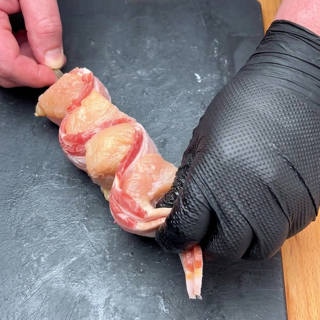 Main enroulant une tranche de bacon autour dun cube de poulet sur une brochette métallique.