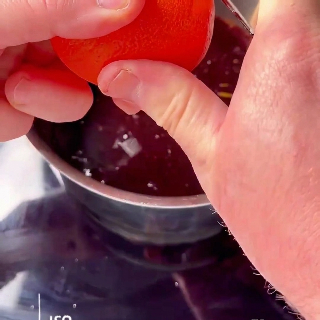 Jus dorange frais ajouté dans une sauce rouge à la cerise qui mijote.