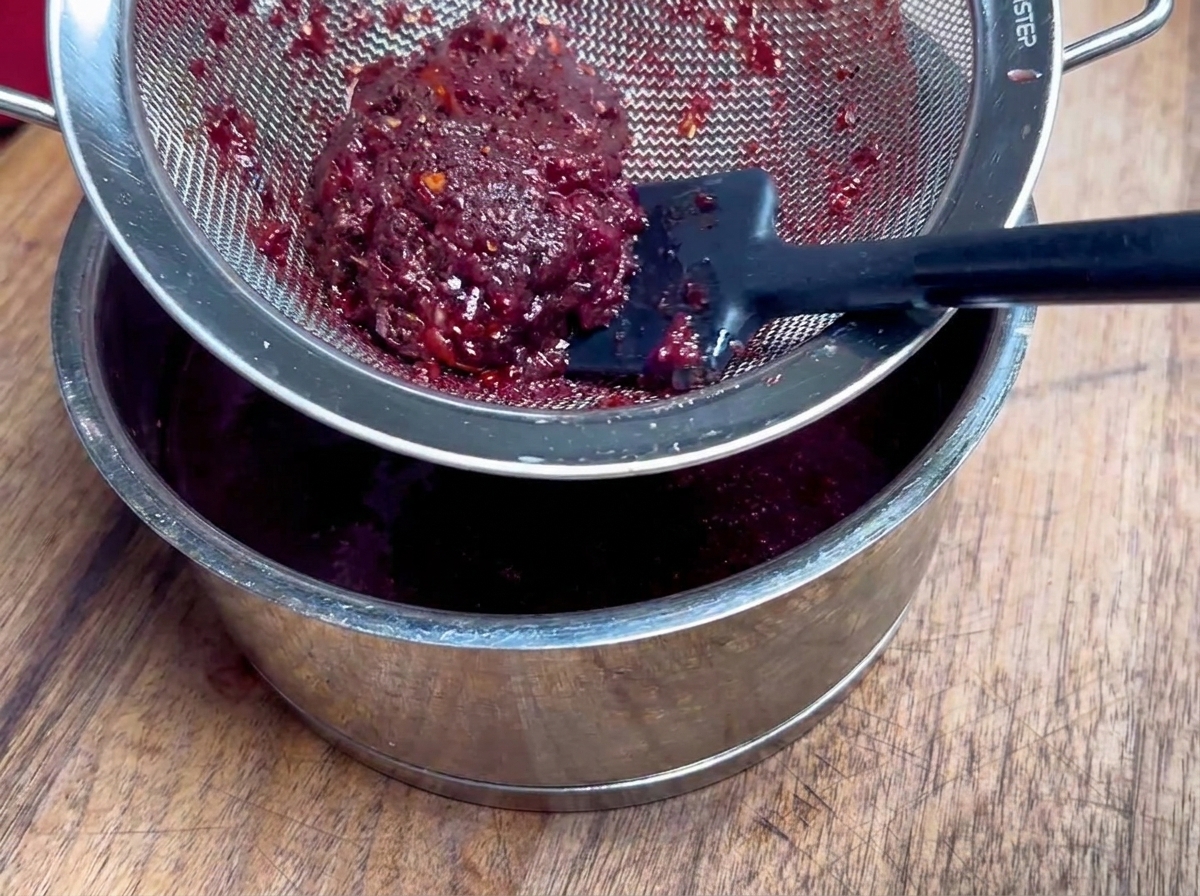 Spatule pressant une sauce aux fruits rouge sombre à travers une passoire fine.