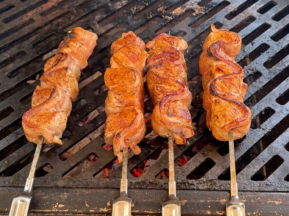 Brochettes badigeonnées de sauce cerise sur un gril.