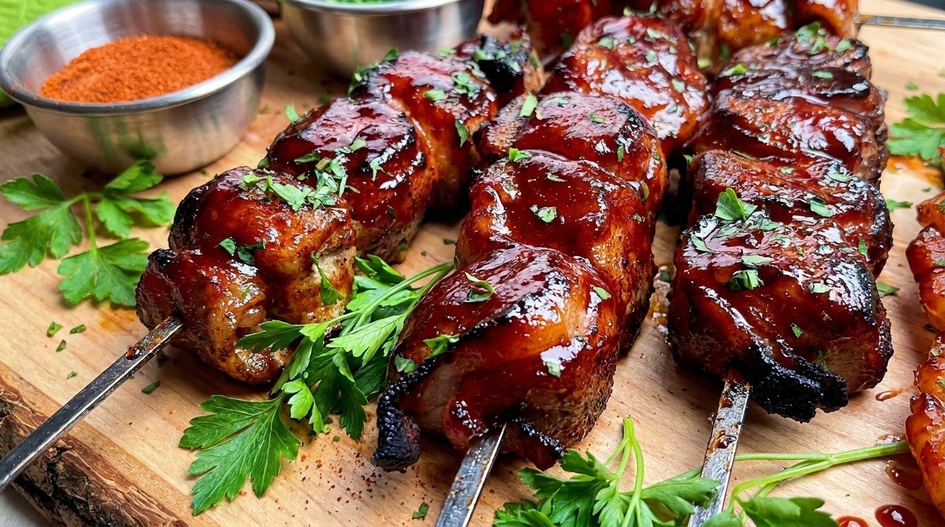 Brochettes de Poulet au Bacon et Glaçage Cerise-Bourbon