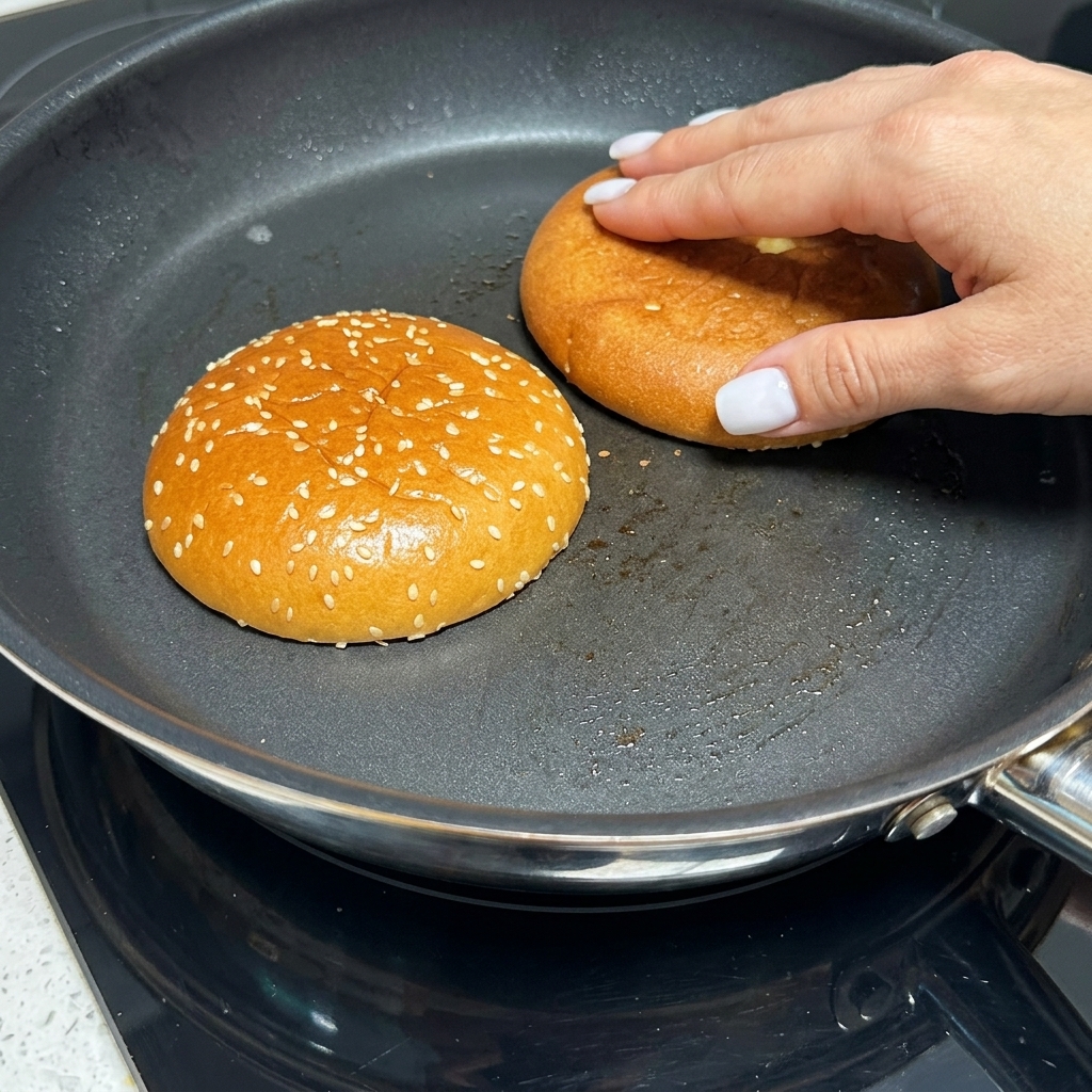 Moitiés de pain à hamburger dorant dans une poêle sèche.