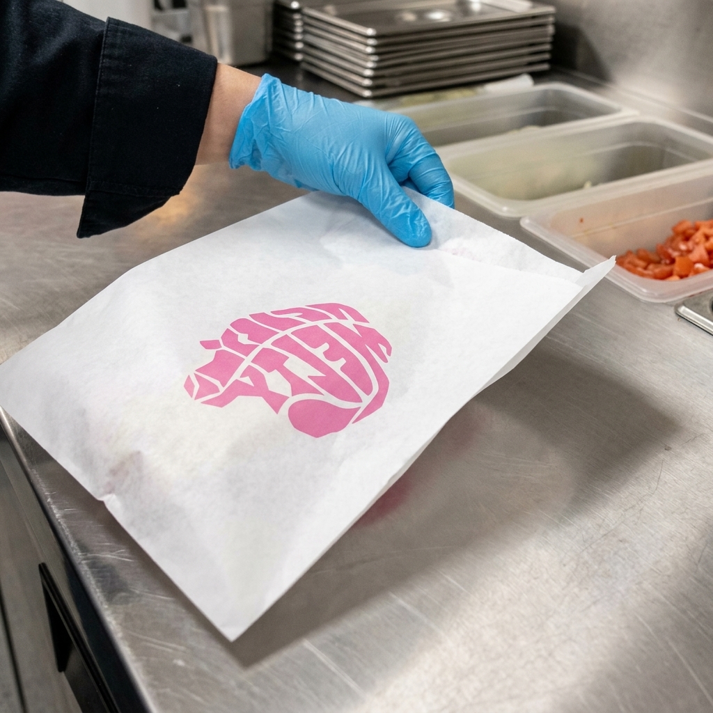 Gros plan sur une feuille de papier sulfurisé de la marque Burger King sur un plan de travail en inox.