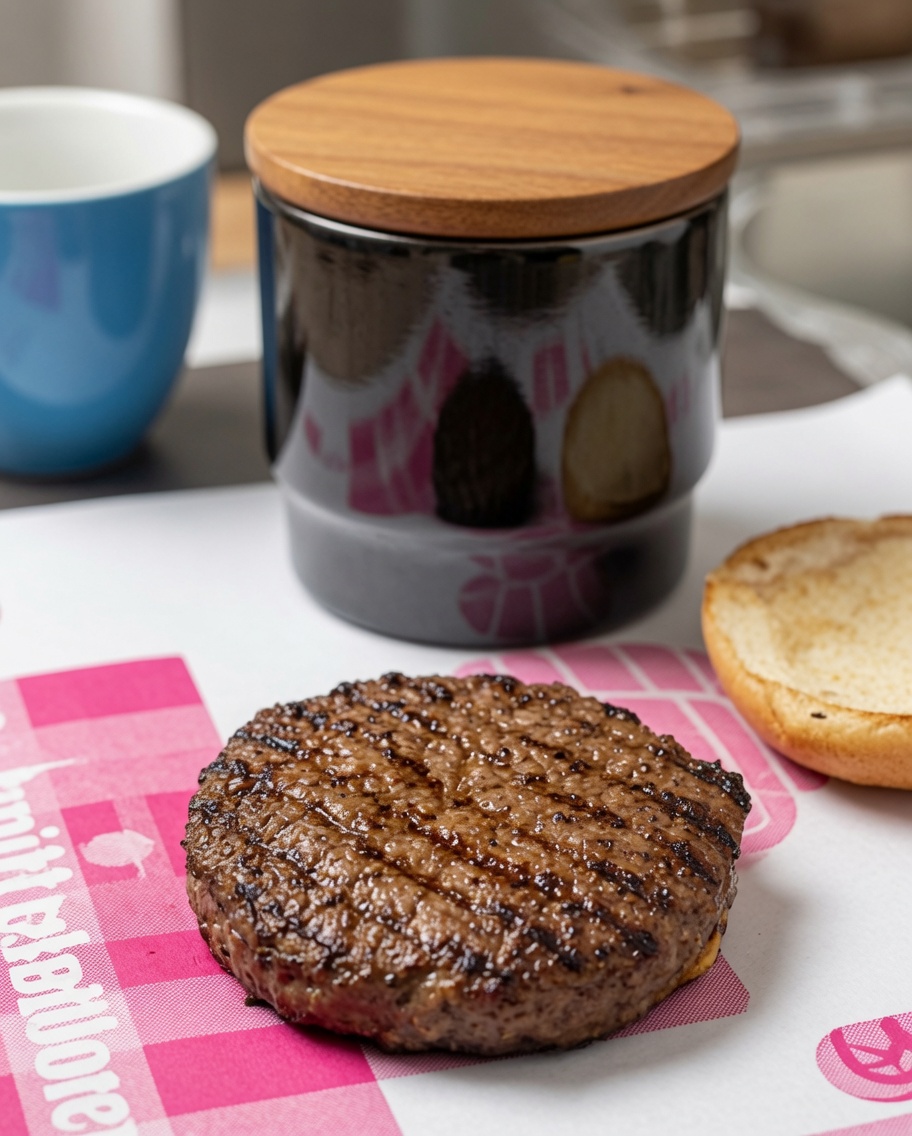 Gros plan sur du sel et du poivre saupoudrés sur un steak chaud.