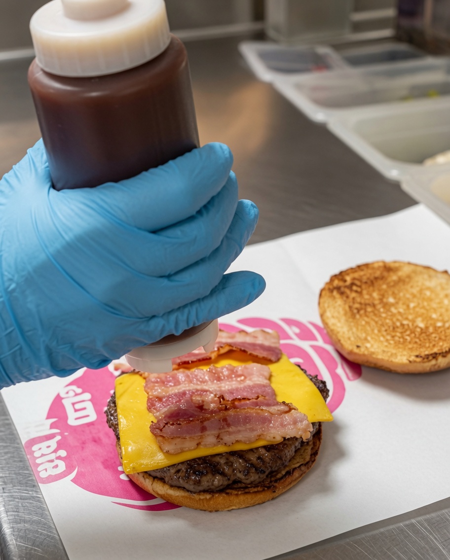 Sauce barbecue versée en zigzag sur le bacon et le fromage.