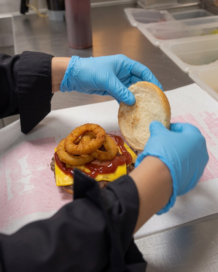 Le pain supérieur posé sur le burger, avec des mains emballant le tout dans du papier.