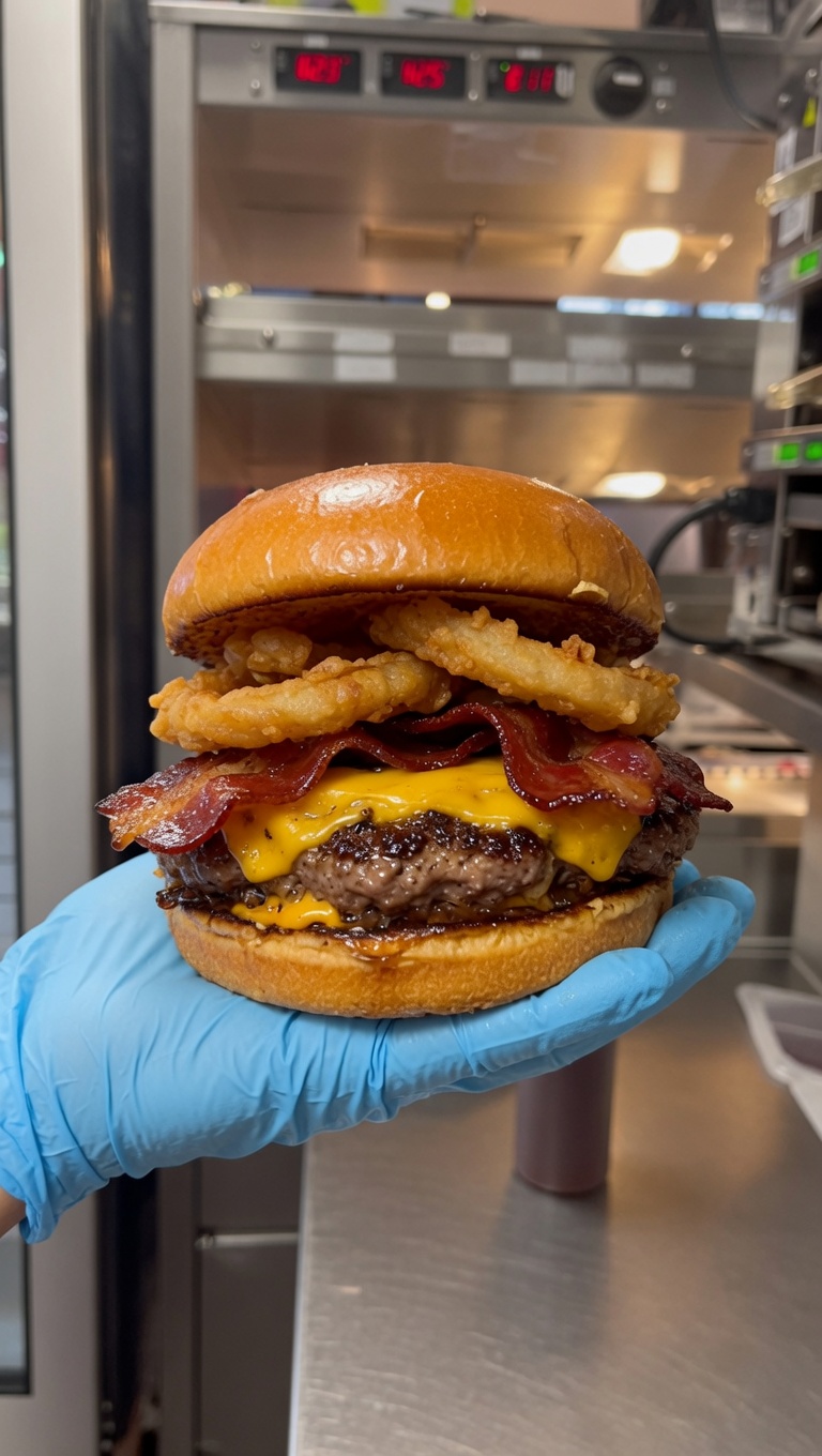 Un Texas Bacon Burger grillé à la flamme, garni de cheddar, de bacon croustillant et de rondelles doignon dorées.