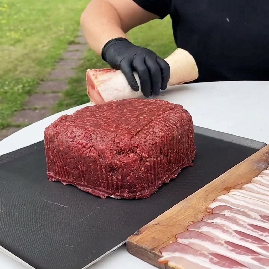 Un gros bloc de bœuf haché carré sur un tapis noir avec un os à moelle centré.