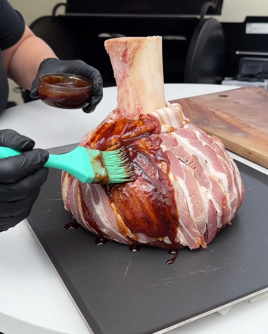 Le bloc de bœuf au bacon badigeonné dune sauce barbecue foncée avec un pinceau en silicone.