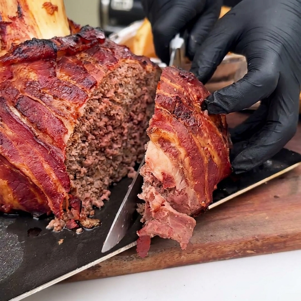 Un steak de bœuf fumé au bacon et sauce barbecue posé sur le pain au fromage.