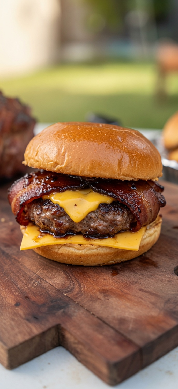 Burger au bœuf enveloppé de bacon et moelle rôtie