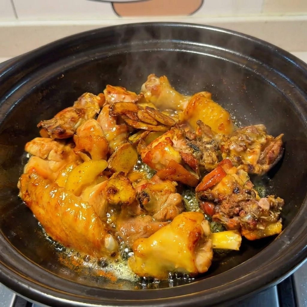 Poulet dans la marmite combiné avec le gingembre frit, les champignons réhydratés et leur eau de trempage.