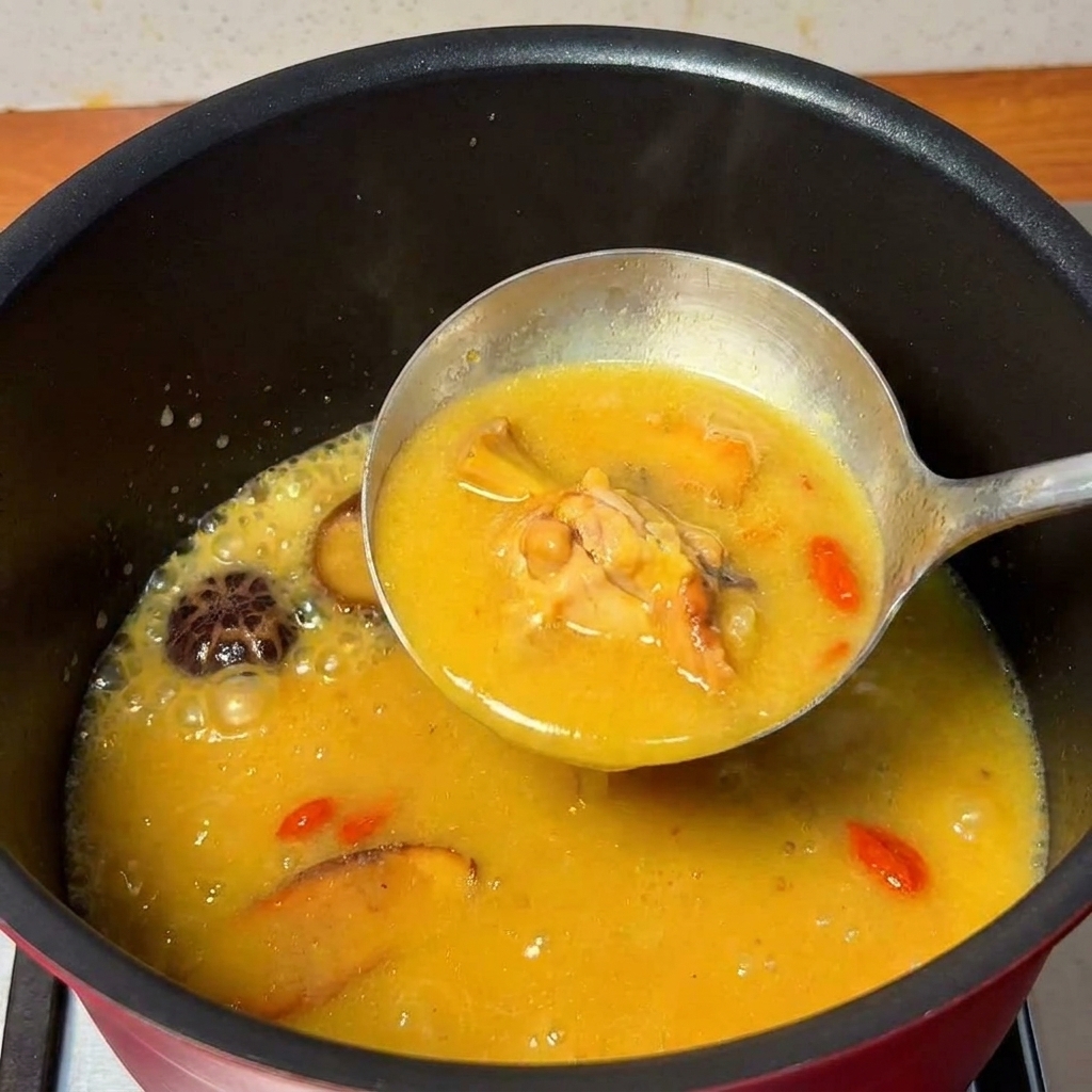 Une louche transférant la soupe au poulet dorée avec champignons et dattes dans une seconde casserole.