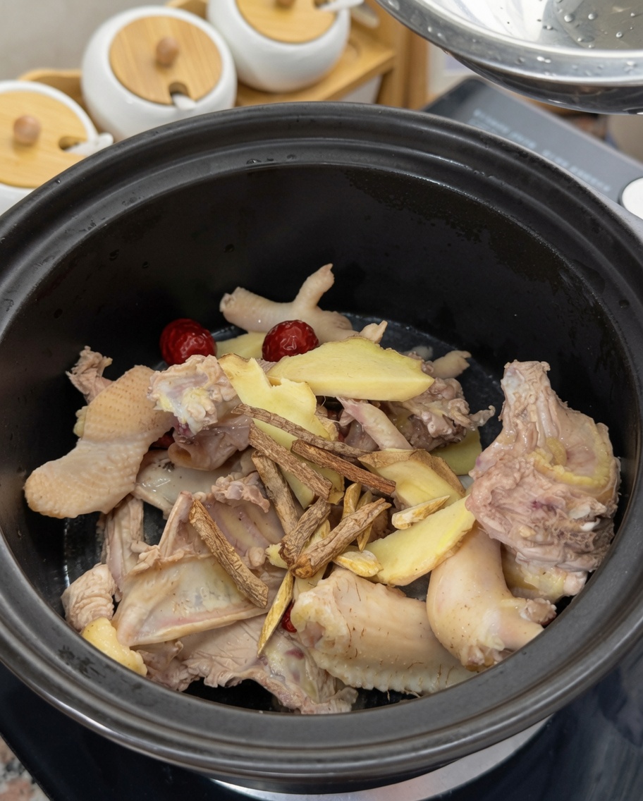 Verser de leau sur les os de poulet, des tranches de gingembre, des jujubes et des herbes séchées dans un pot dargile.