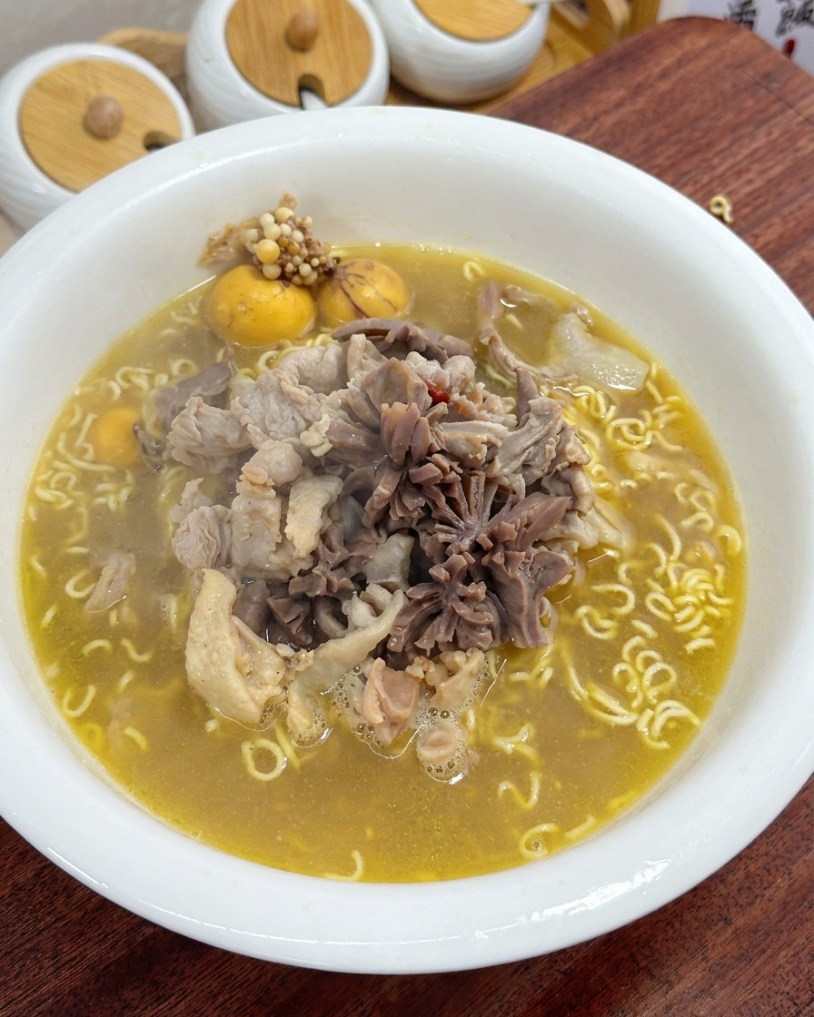 Un bol de soupe de nouilles au poulet fini, garni doignons verts frais et de petites garnitures rouges.