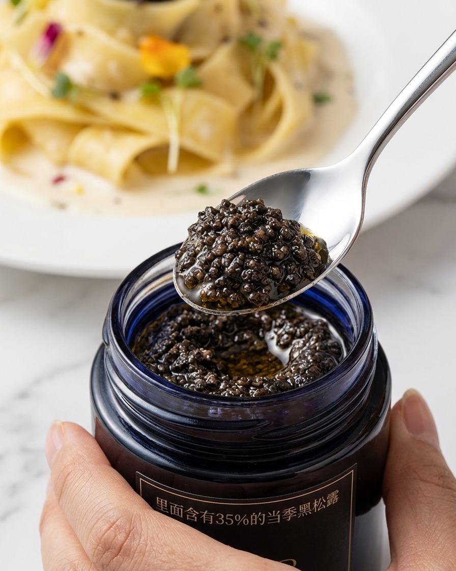 Une cuillère de crème de truffe ajoutée aux pâtes dans la poêle.